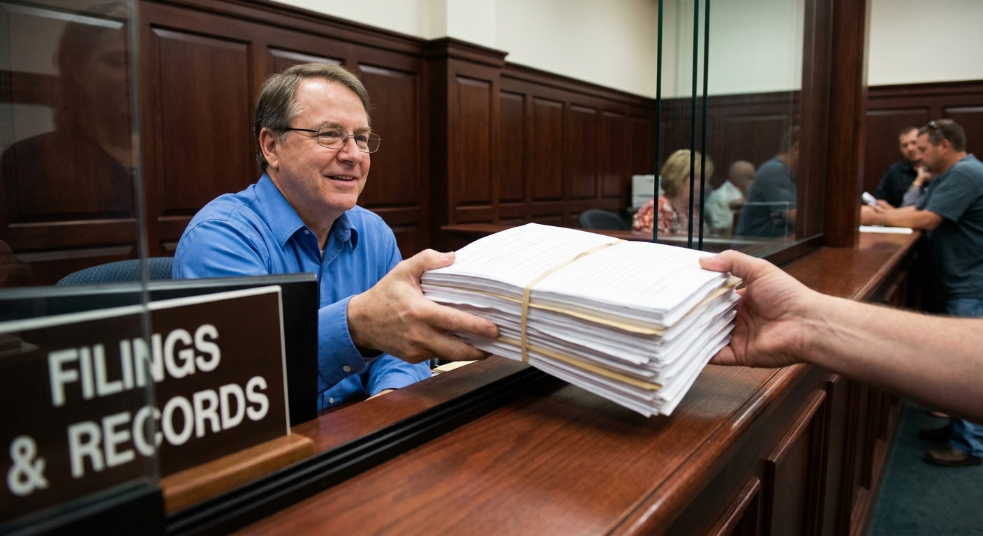 A courthouse clerk accepting a stack of legal filings at a service window inside a federal courthouse, shallow depth of field, news photography style