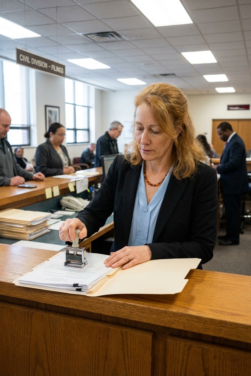 A courthouse clerk at a public counter reviewing civil court paperwork with a stamp and file folders, realistic indoor courthouse photo