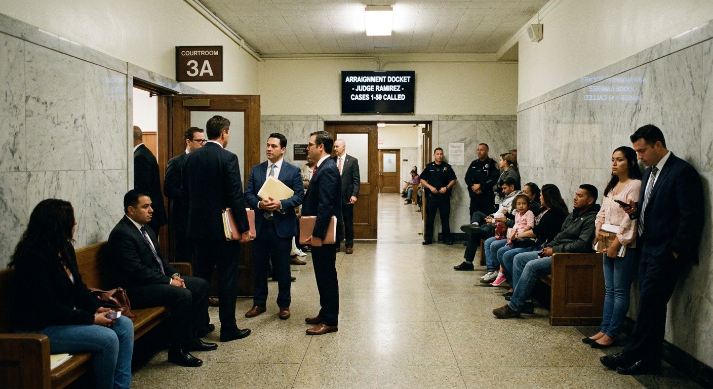 A courthouse hallway outside a courtroom with attorneys and defendants waiting for cases to be called on an arraignment docket
