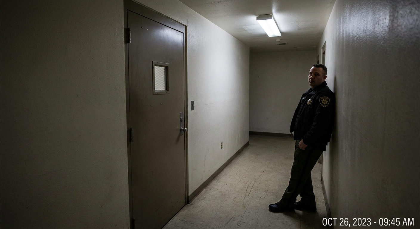 A courthouse holding cell corridor with a closed metal door and a deputy standing nearby, realistic news photography style