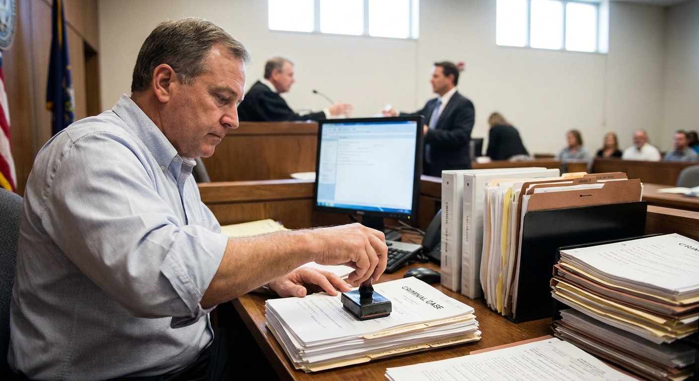 A courtroom clerk at a desk organizing and stamping criminal case paperwork during a court session, with a judge blurred in the background, realistic courthouse photography