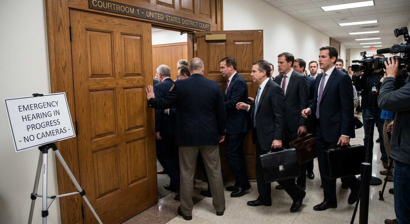 A courtroom deputy opening the door to a federal courtroom as attorneys in suits hurry inside for an emergency hearing, news photography style