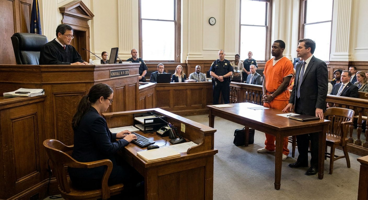 A courtroom during a criminal arraignment, with a judge on the bench, a defendant standing beside defense counsel at a table, and a courtroom clerk present