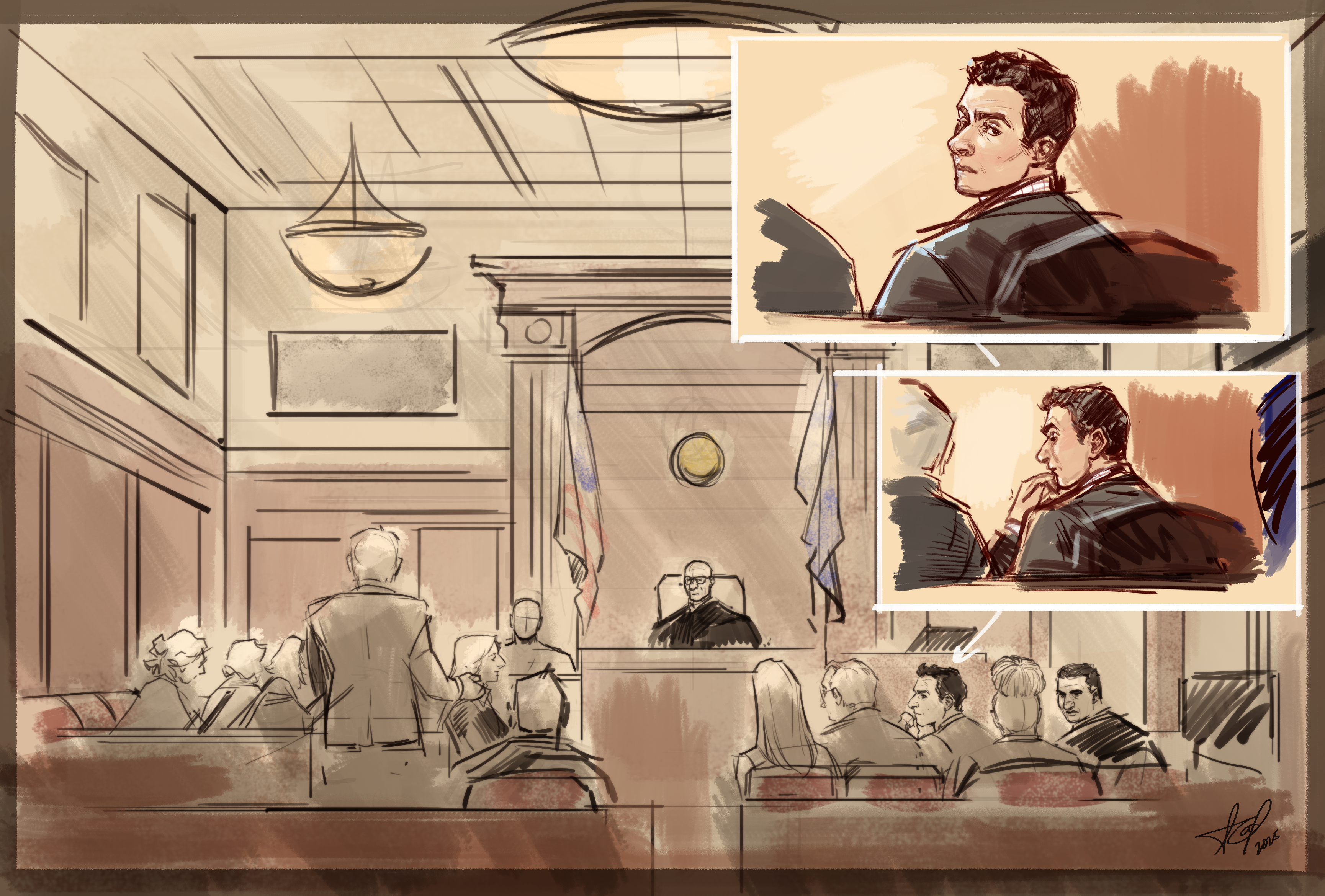 A courtroom during a pretrial hearing with a judge on the bench and attorneys at counsel tables, news photography style