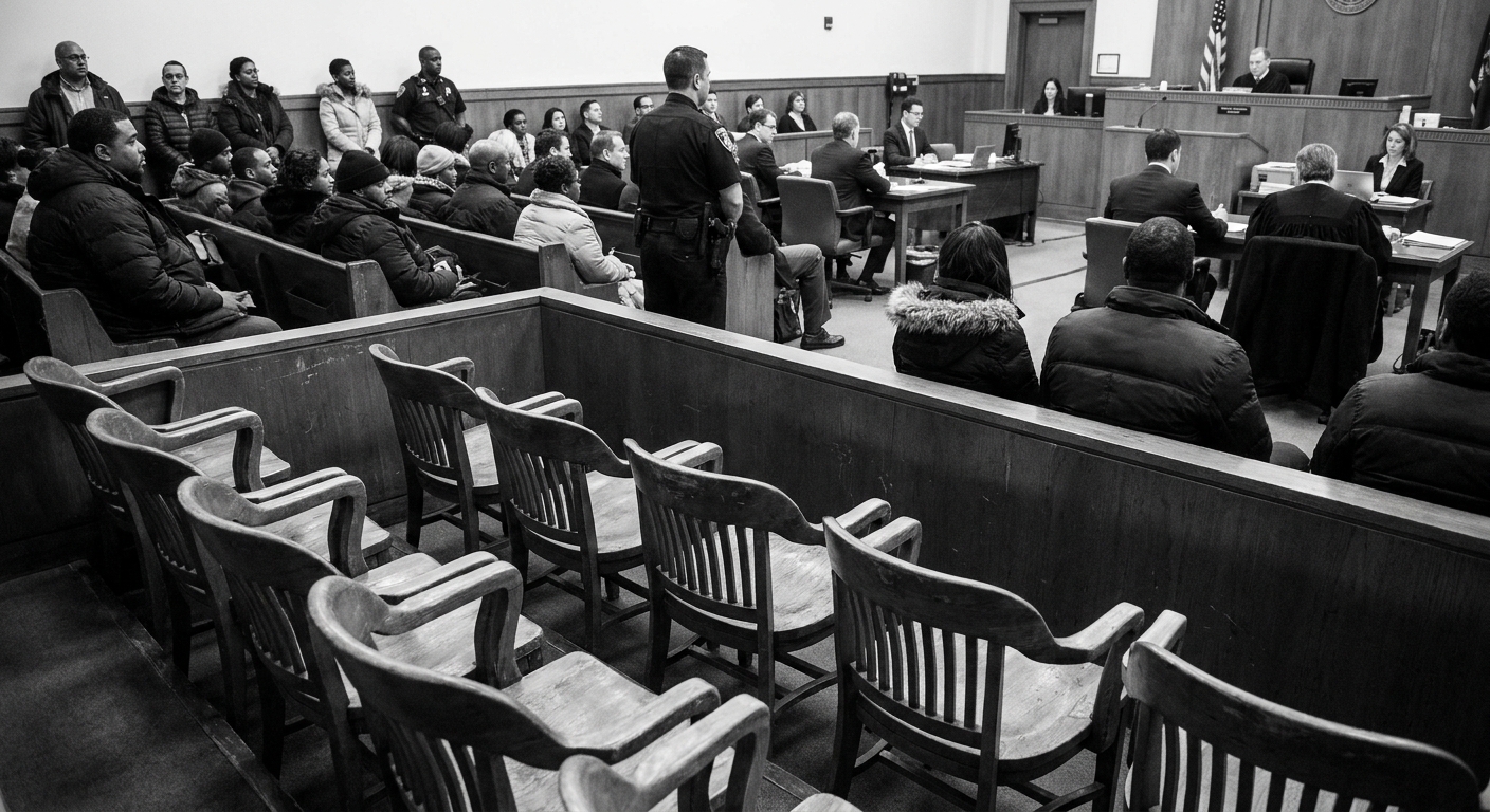 A courtroom during jury selection with empty jury box seats in the foreground and people seated in the gallery, viewed from the back, news photography style