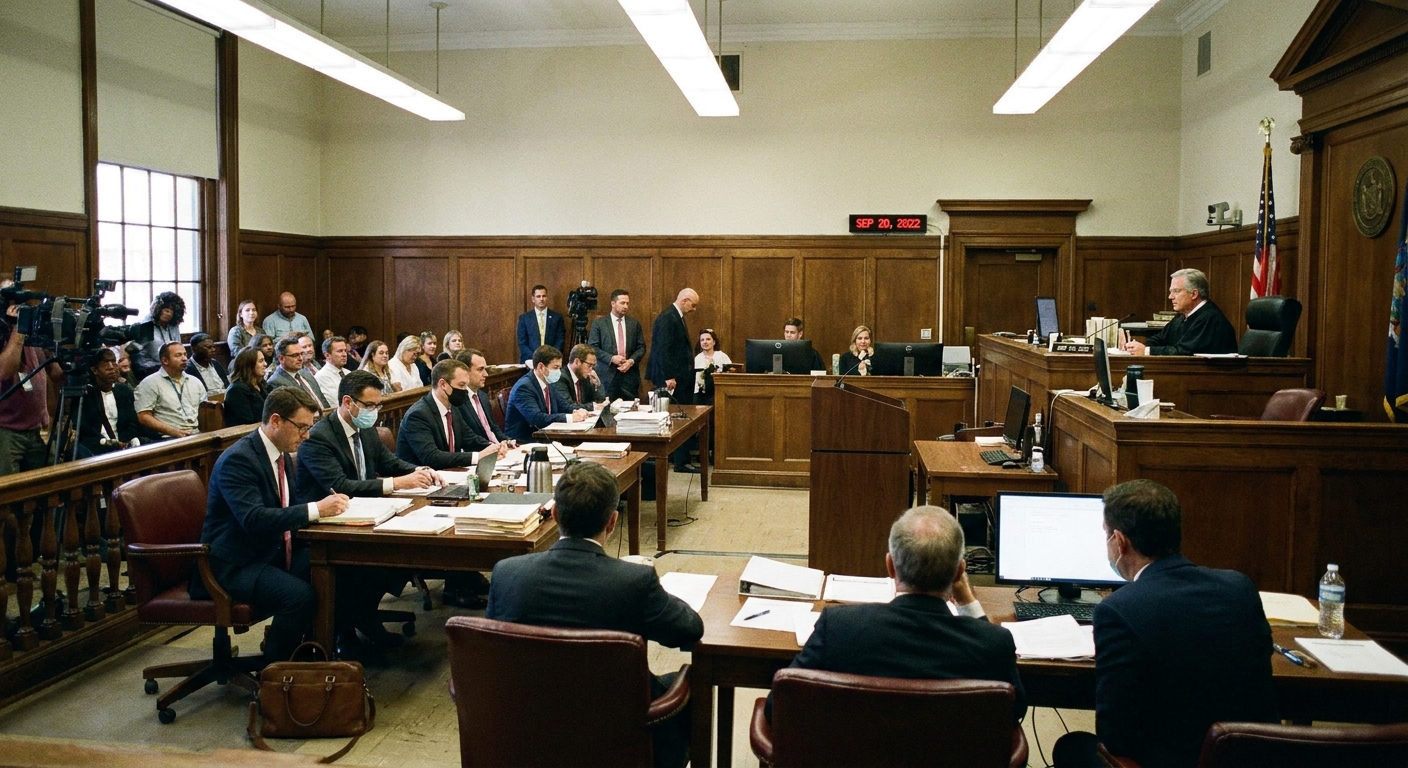 A courtroom interior in September 2022 with attorneys at counsel tables and a judge’s bench visible, photographed from the public gallery in a realistic news style