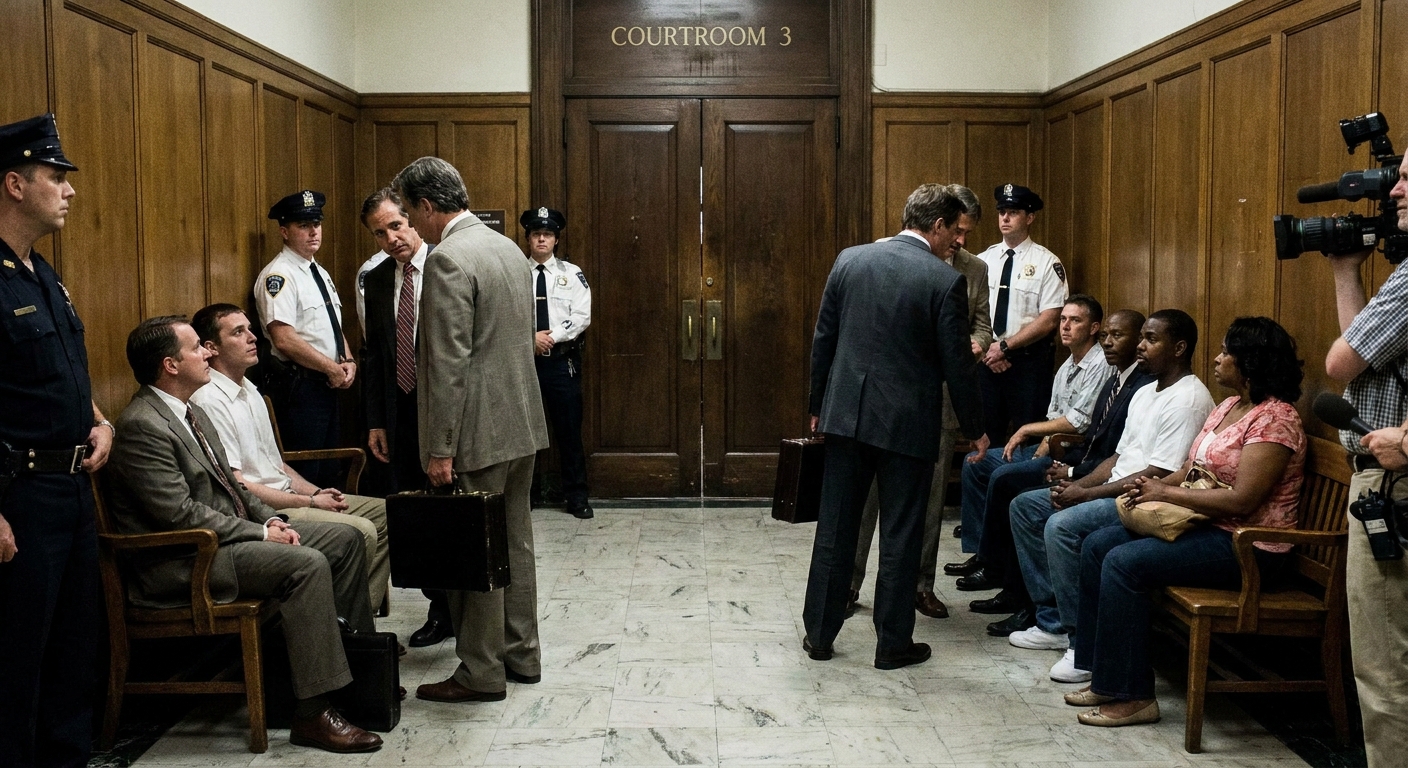 A criminal courthouse hallway outside a courtroom with defendants, lawyers, and court staff waiting near wooden doors, documentary news photography style