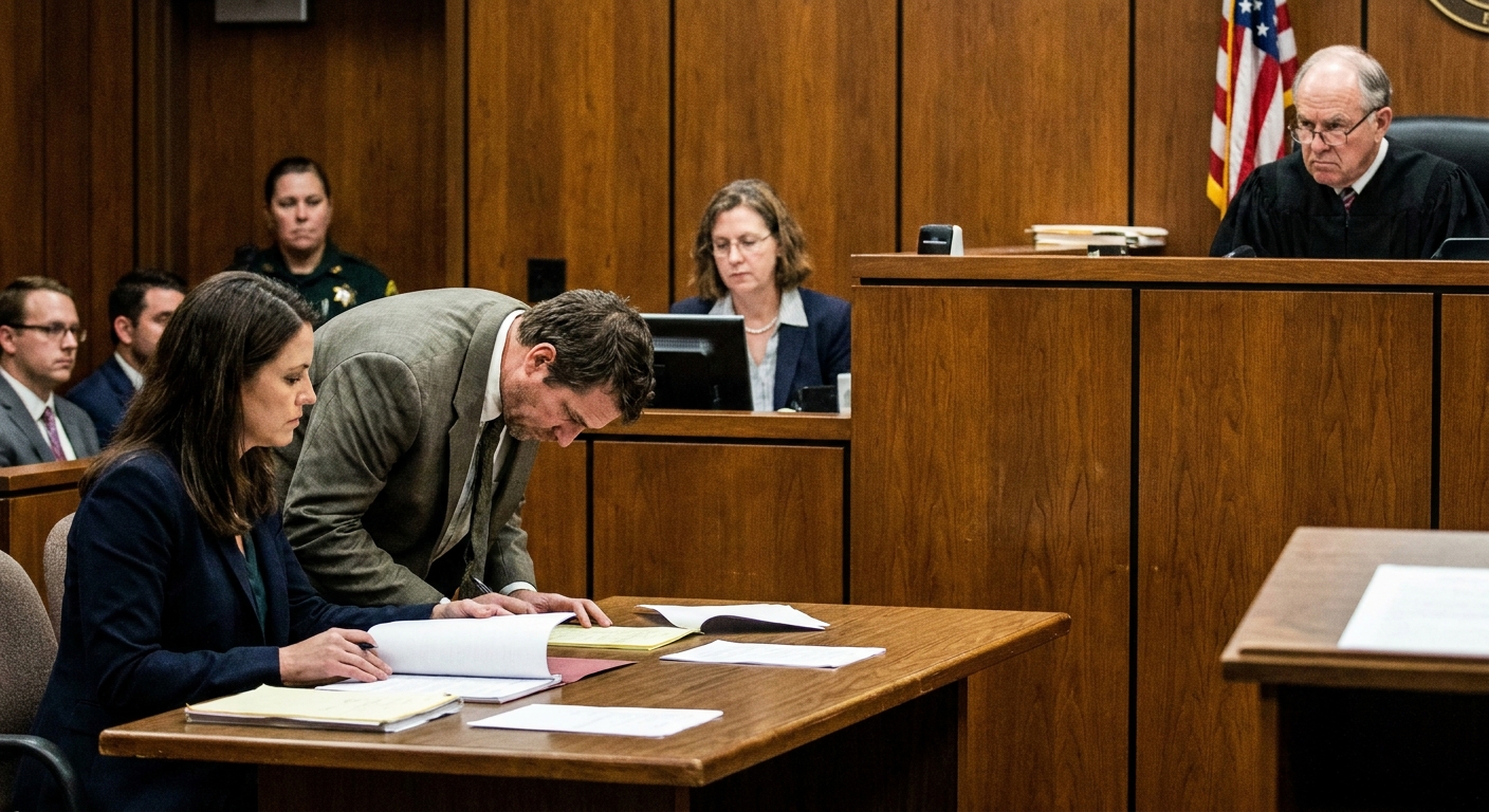 A criminal courtroom during a pretrial hearing, with a defendant seated beside defense counsel at the table while the judge looks on from the bench, news photography style