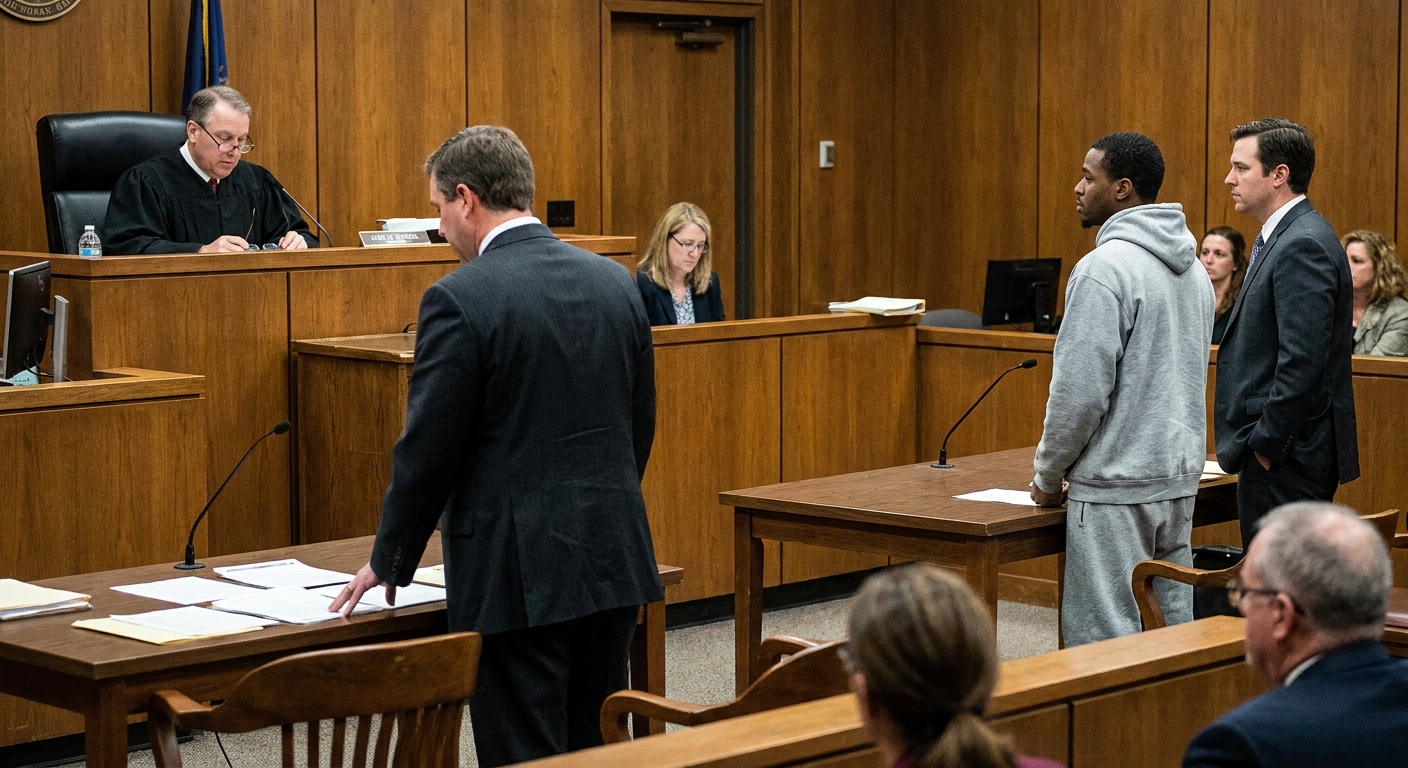 A criminal courtroom during an arraignment hearing with a judge at the bench, a prosecutor at counsel table, and a defendant standing beside a defense attorney, news photography style