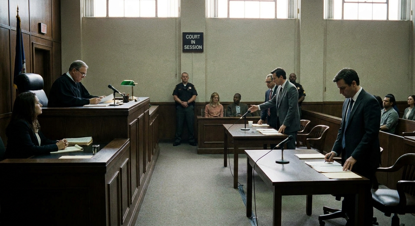 A criminal courtroom scene with a judge seated at the bench and attorneys standing at counsel tables during a routine hearing, news photography style