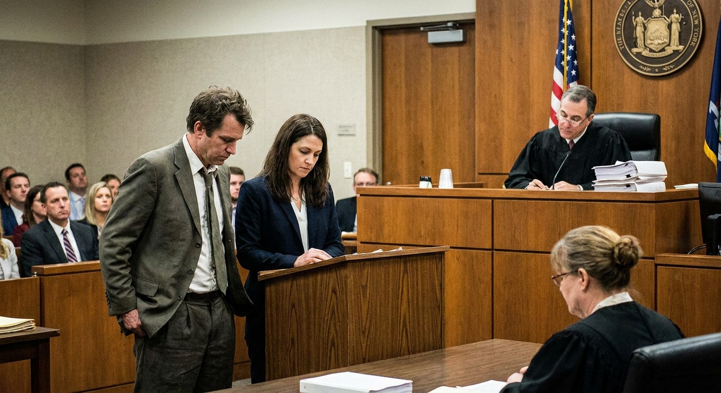 A criminal defendant standing beside a defense attorney at a courtroom lectern while a judge looks down from the bench, candid courtroom photography style