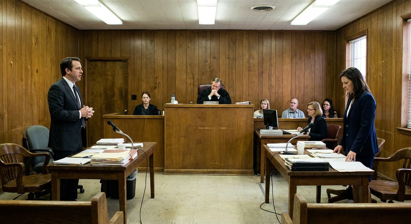 A criminal defense attorney and prosecutor standing at separate tables in a small courtroom during a suppression hearing while a judge listens from the bench, real courtroom photography style