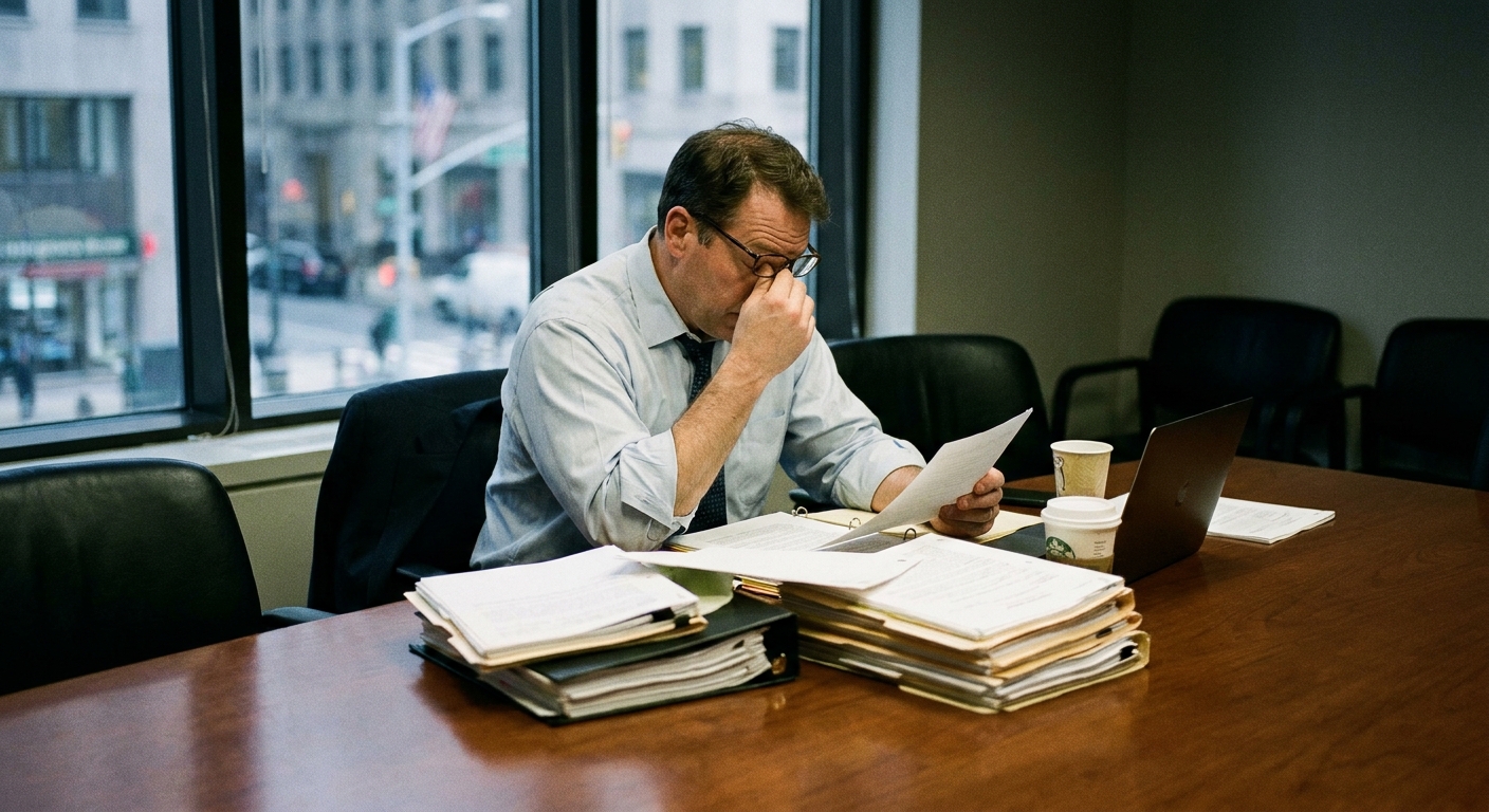 A criminal defense attorney seated at a table reviewing a thick stack of discovery documents in a quiet conference room, candid news photography style