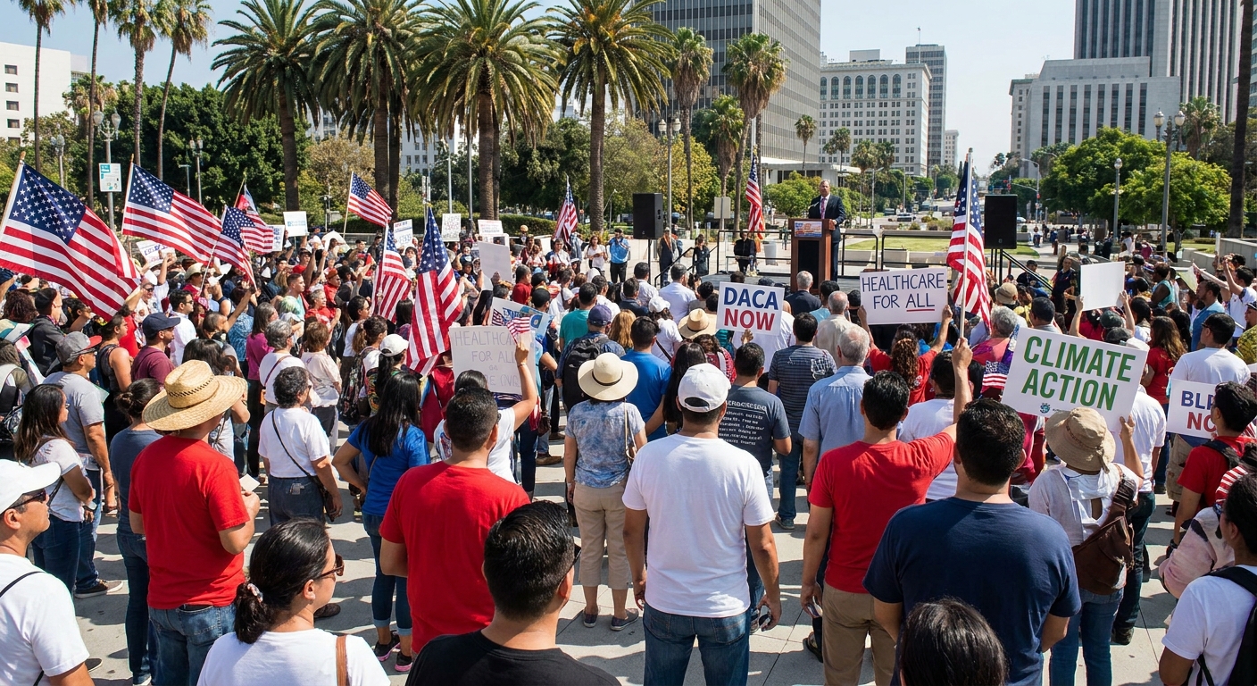 A crowd gathered at a September 2017 rally in Los Angeles, California with people holding American flags and signs while listening to a speaker, real photograph