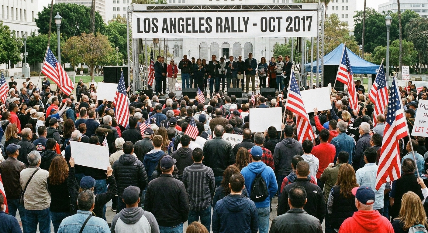 A crowd gathered at a public rally in Los Angeles in October 2017 with attendees holding American flags and listening to speakers, documentary news photo style