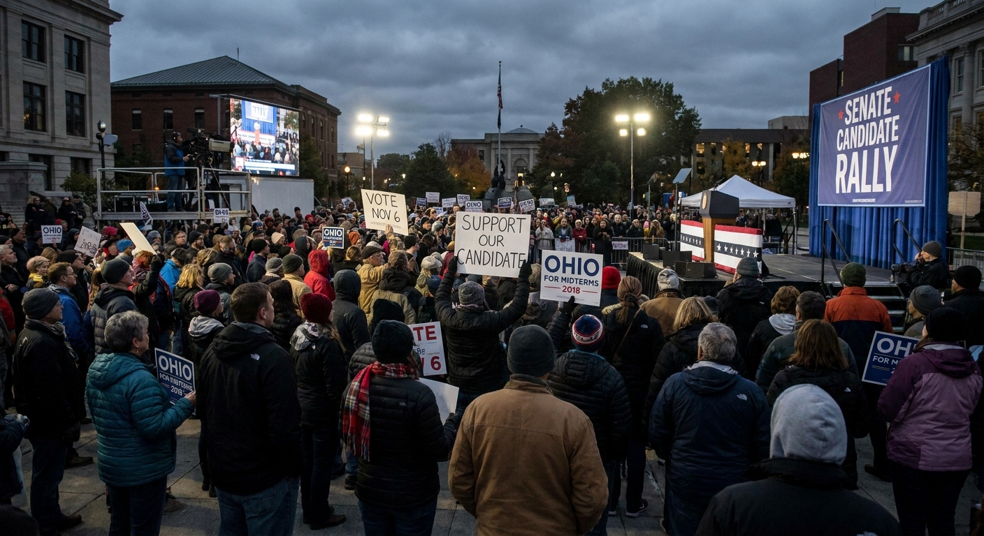A crowd gathered at an outdoor campaign rally in Ohio during the October 2018 midterm election season, with people holding signs and wearing jackets on a cool evening, news photography style
