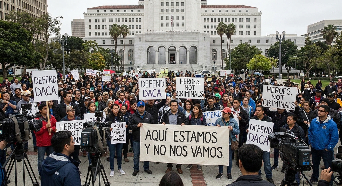 A crowd gathered outside Los Angeles City Hall in September 2017 holding signs at a DACA rally, news photography style