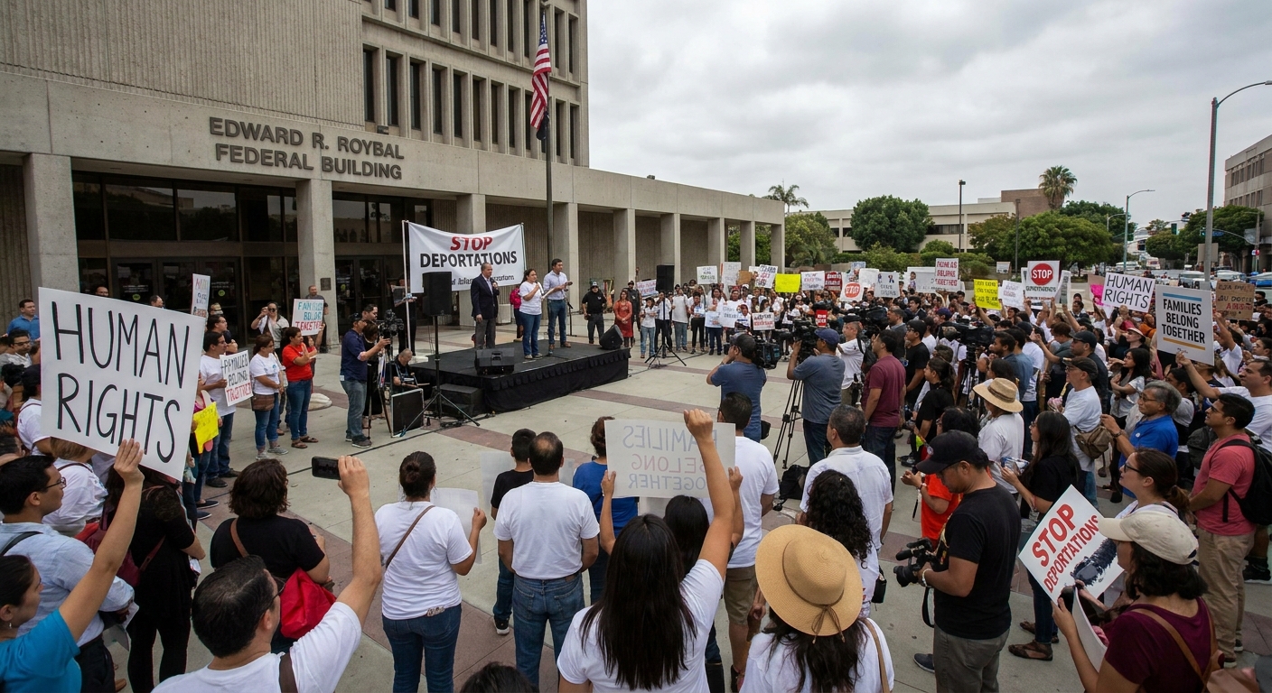 A crowd gathered outside a federal building in Los Angeles, California during an immigration rally, with people holding signs and listening to speakers, news photography style
