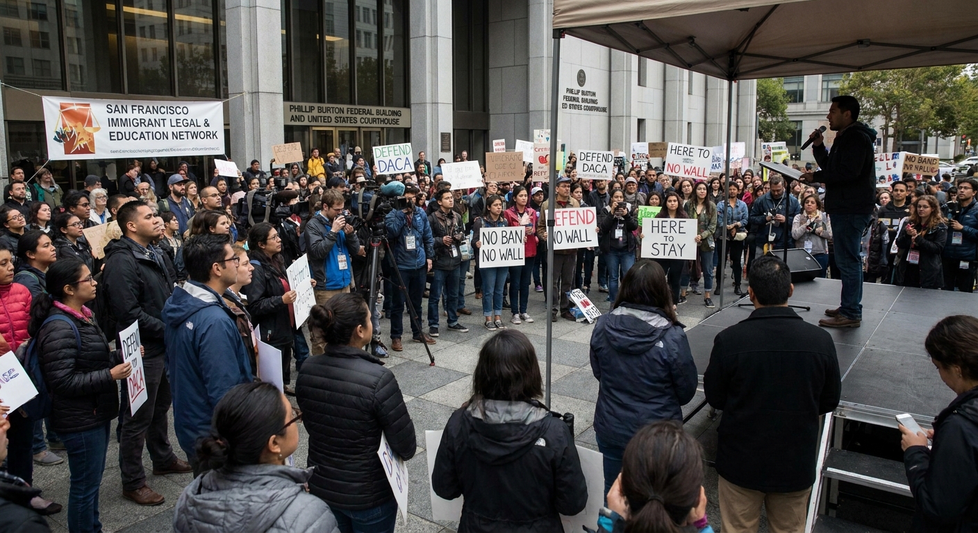 A crowd gathered outside a federal courthouse in San Francisco during a September 2017 immigration rally, with people holding signs and listening to speakers, news photography style