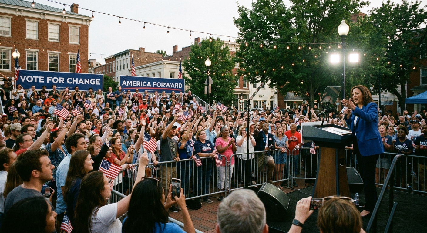 A crowd listening to a candidate speaking at an outdoor U.S. campaign rally in the evening, with attendees holding small American flags, candid photography