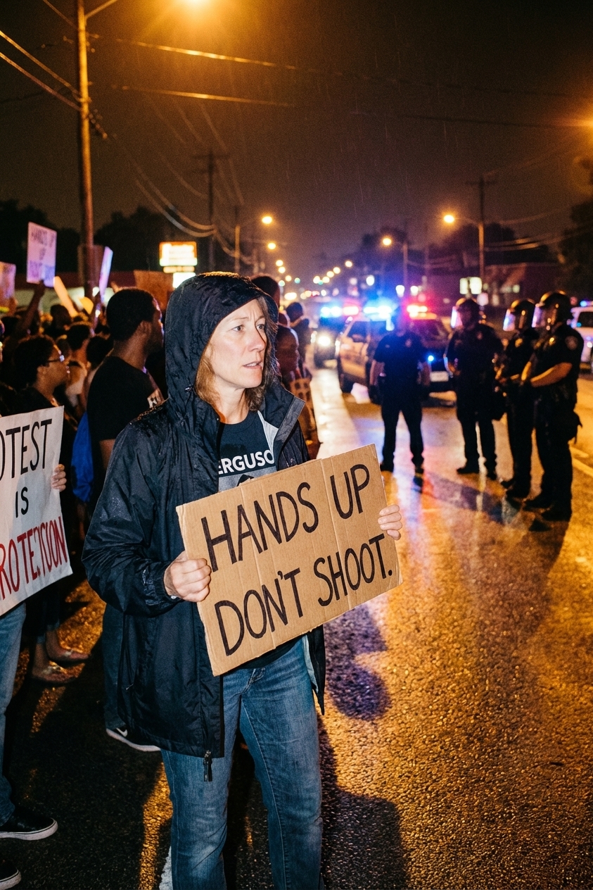 A crowd of protesters gathered at night in Ferguson, Missouri in August 2014 with police vehicles and officers visible further down the street, news photography style