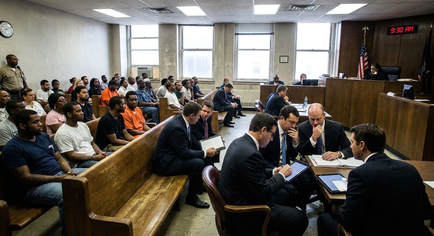 A crowded courtroom during a morning docket call with multiple defendants seated on benches while attorneys confer quietly, news photography style