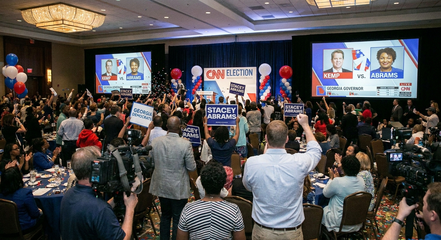A crowded election night watch party in Atlanta, Georgia during the November 2018 midterm elections with people watching results on television screens, news photography style