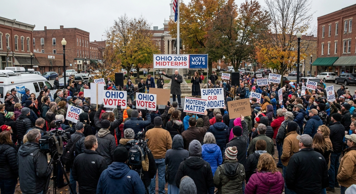 A crowded outdoor political campaign rally in Ohio during the November 2018 midterm election season, with supporters holding signs and listening to a speaker on a stage, news photography style