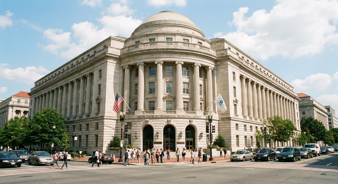 A daylight photograph of the exterior of the Environmental Protection Agency headquarters building in Washington, D.C., with pedestrians on the sidewalk