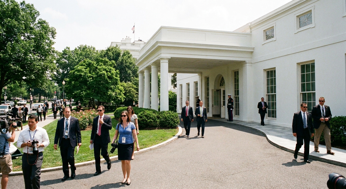 A daylight photograph of the exterior of the White House West Wing with people walking on the driveway in the background, news photography style