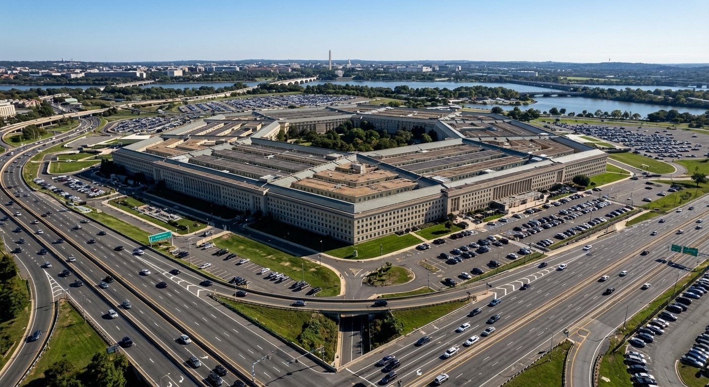 A daytime photograph of the Pentagon building seen from an elevated angle with cars moving on the surrounding roads, clear sky, photorealistic