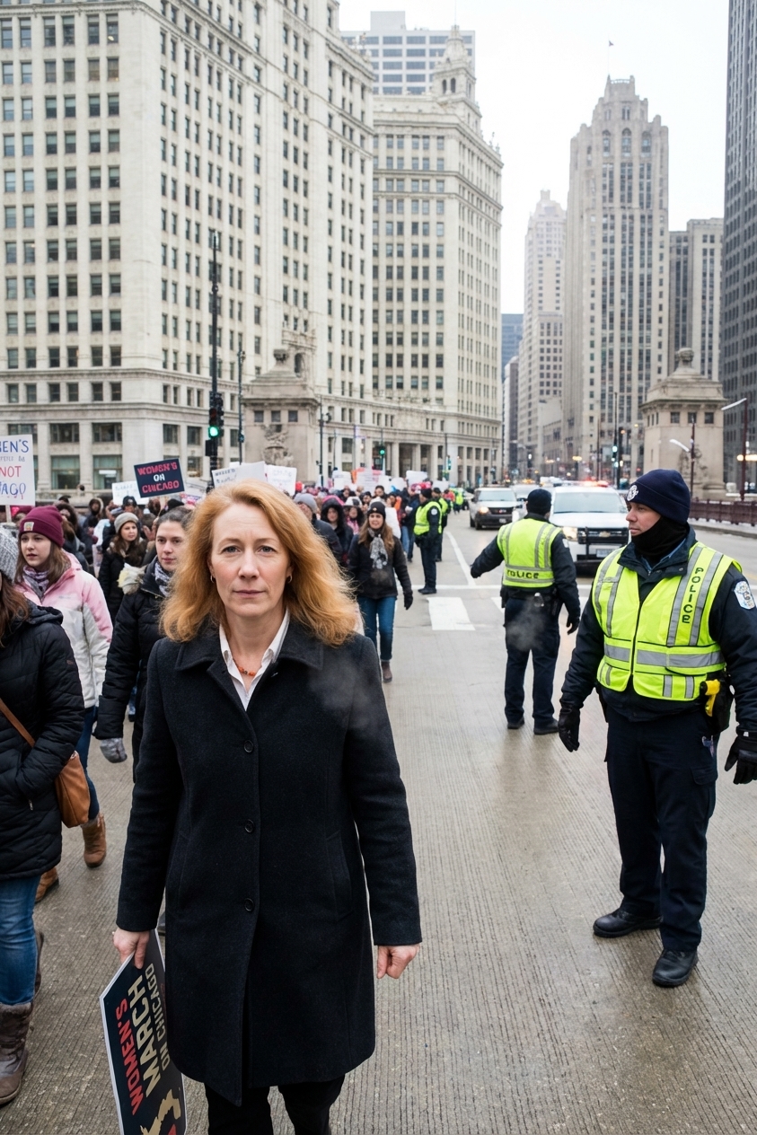 A daytime protest march moving through downtown Chicago in January 2017, with protesters walking in the street while police manage traffic at an intersection, news photography style