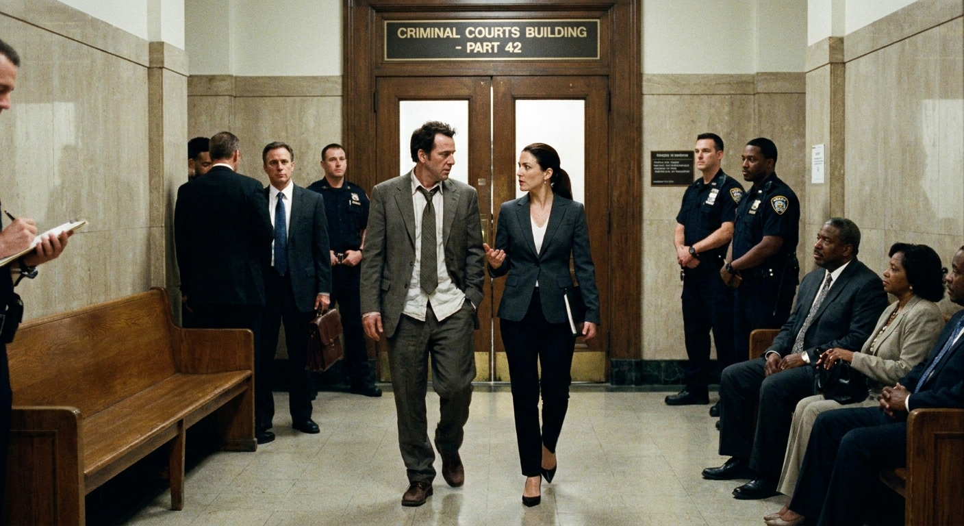 A defendant and defense attorney walking in a hallway outside a criminal courtroom