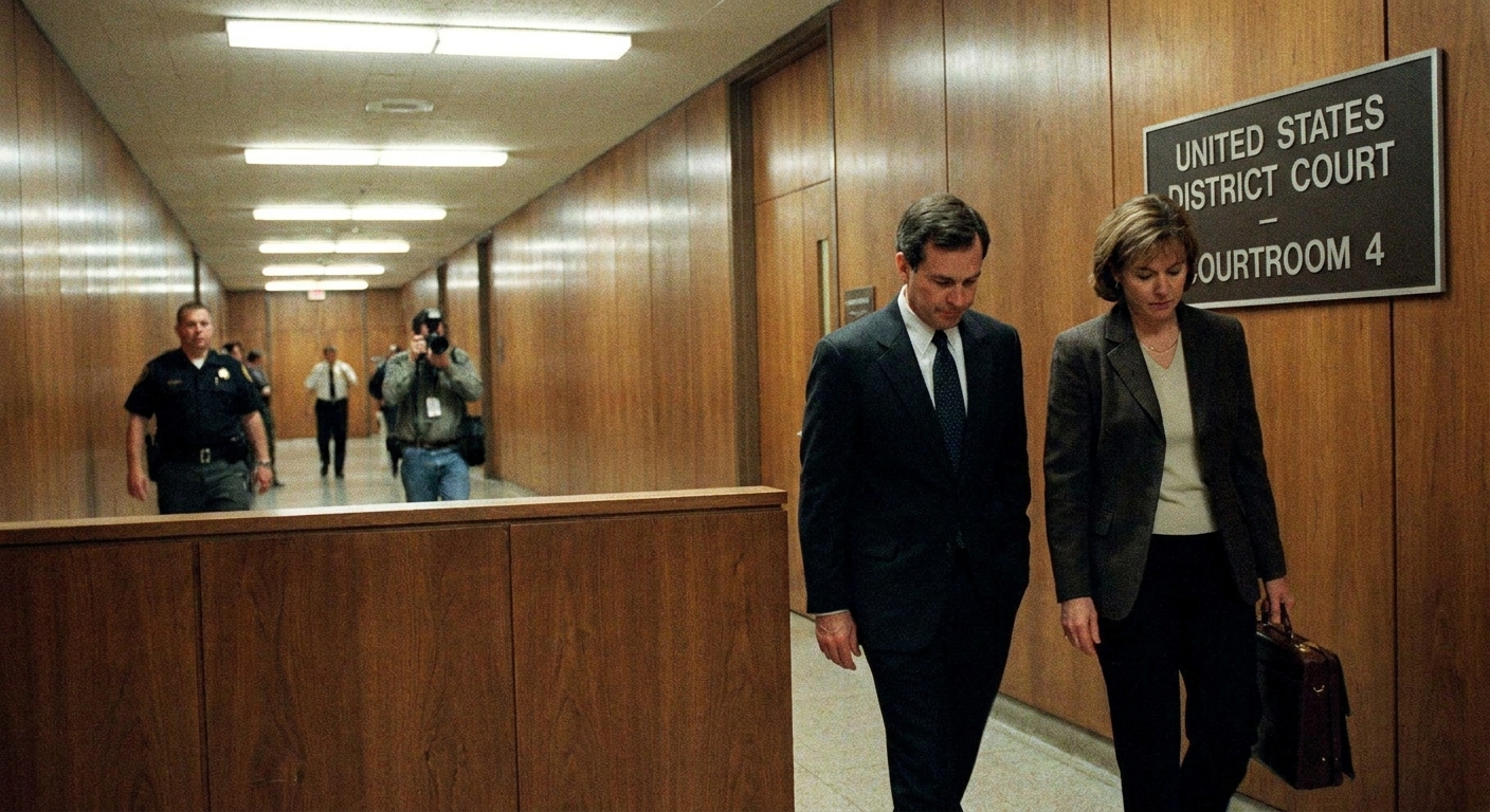 A defendant and defense attorney walking quietly down a hallway outside a United States District Court courtroom after a sentencing hearing, news photography style
