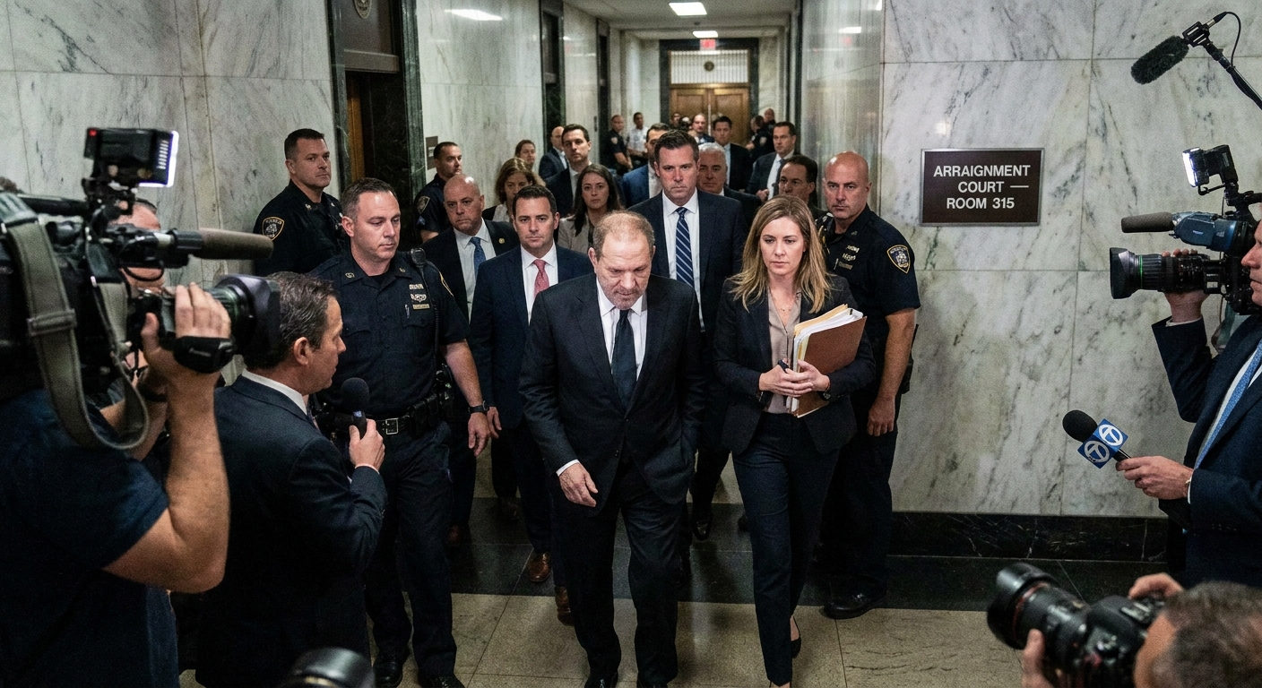 A defendant and defense attorney walking through a busy hallway inside a federal courthouse in Manhattan during an arraignment day, news photography style