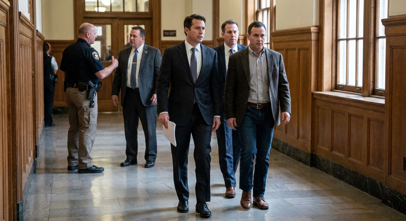 A defendant and defense lawyer walking through a hallway outside a federal courtroom with a U.S. Marshal in the background, candid news photography style