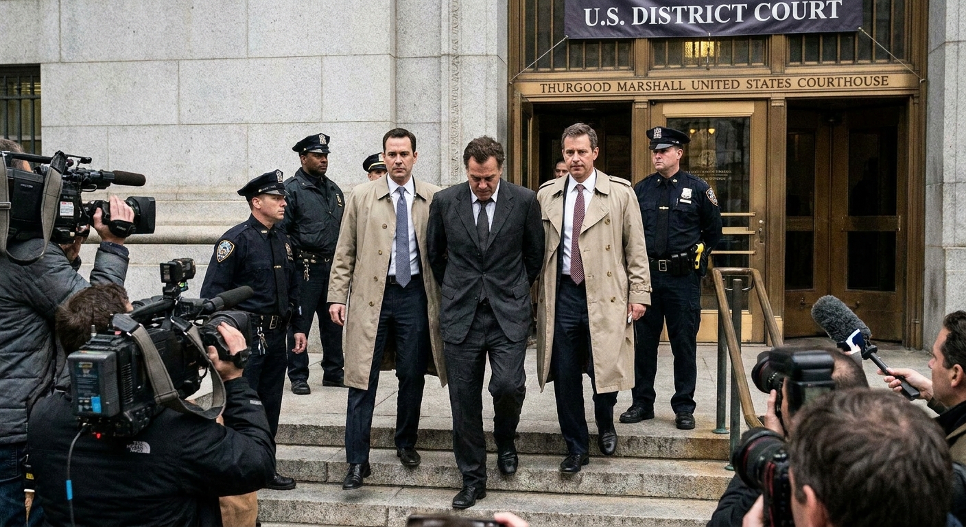 A defendant in a dark suit walking up courthouse steps flanked by attorneys and security outside a federal courthouse in Manhattan, candid news photography style
