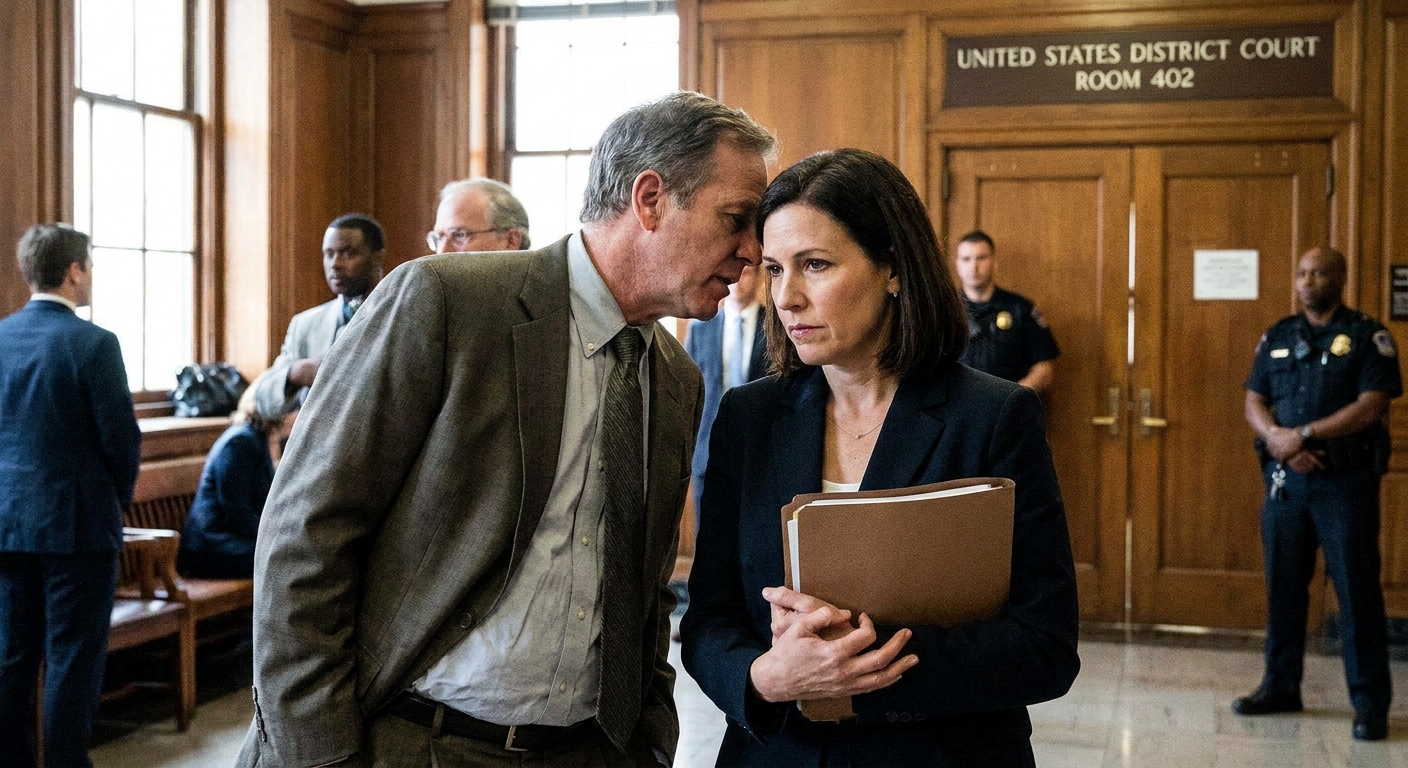 A defendant in a suit speaking quietly with a lawyer in a federal courthouse hallway outside a courtroom, candid news photography style
