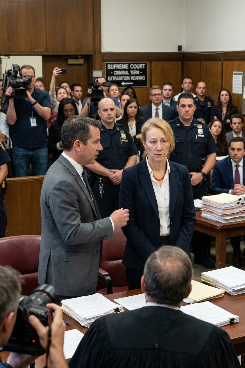 A defendant in a suit standing beside defense counsel in a busy New York City courtroom during an extradition hearing, news photography style