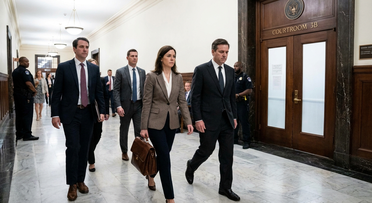 A defendant in a suit walking with defense counsel down a hallway in a federal courthouse after an arraignment, documentary news photography style