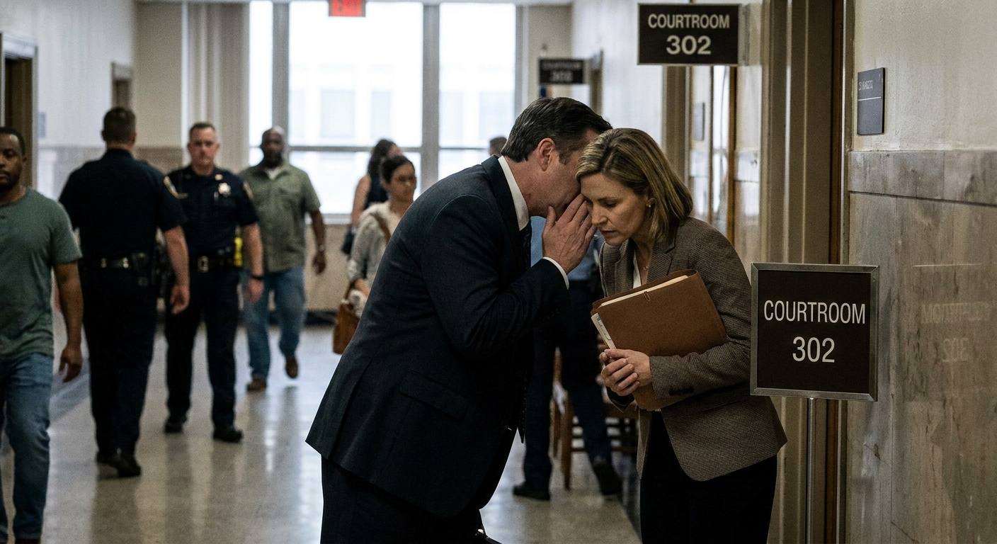 A defendant in business attire speaking quietly with a defense attorney in a courthouse hallway outside a courtroom, candid legal news photography style