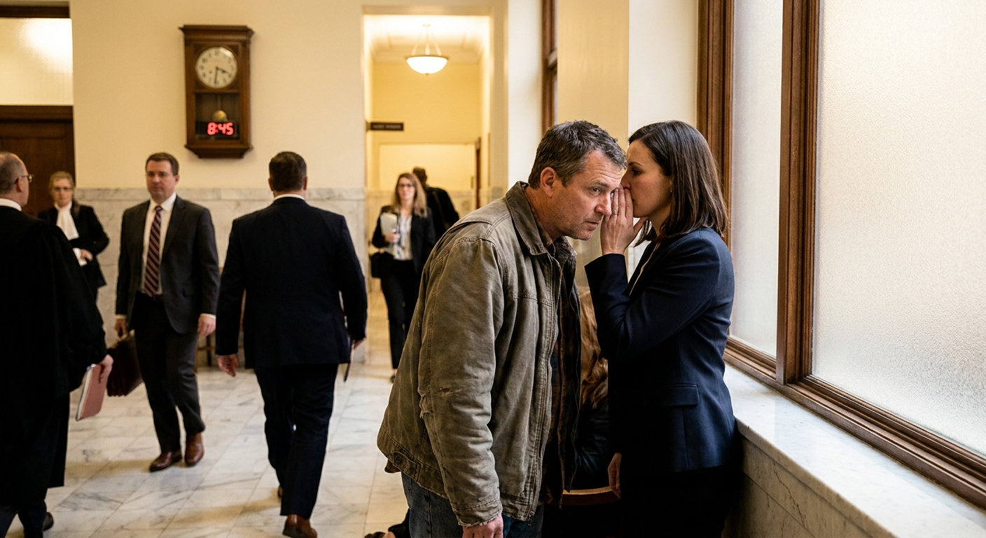 A defendant speaking quietly with a defense attorney in a courthouse hallway before a morning calendar call, natural light, candid news photography style