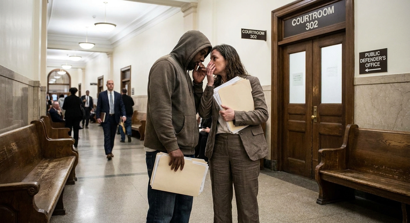 A defendant speaking quietly with a public defender in a courthouse hallway outside a courtroom, both holding case paperwork, news photography style