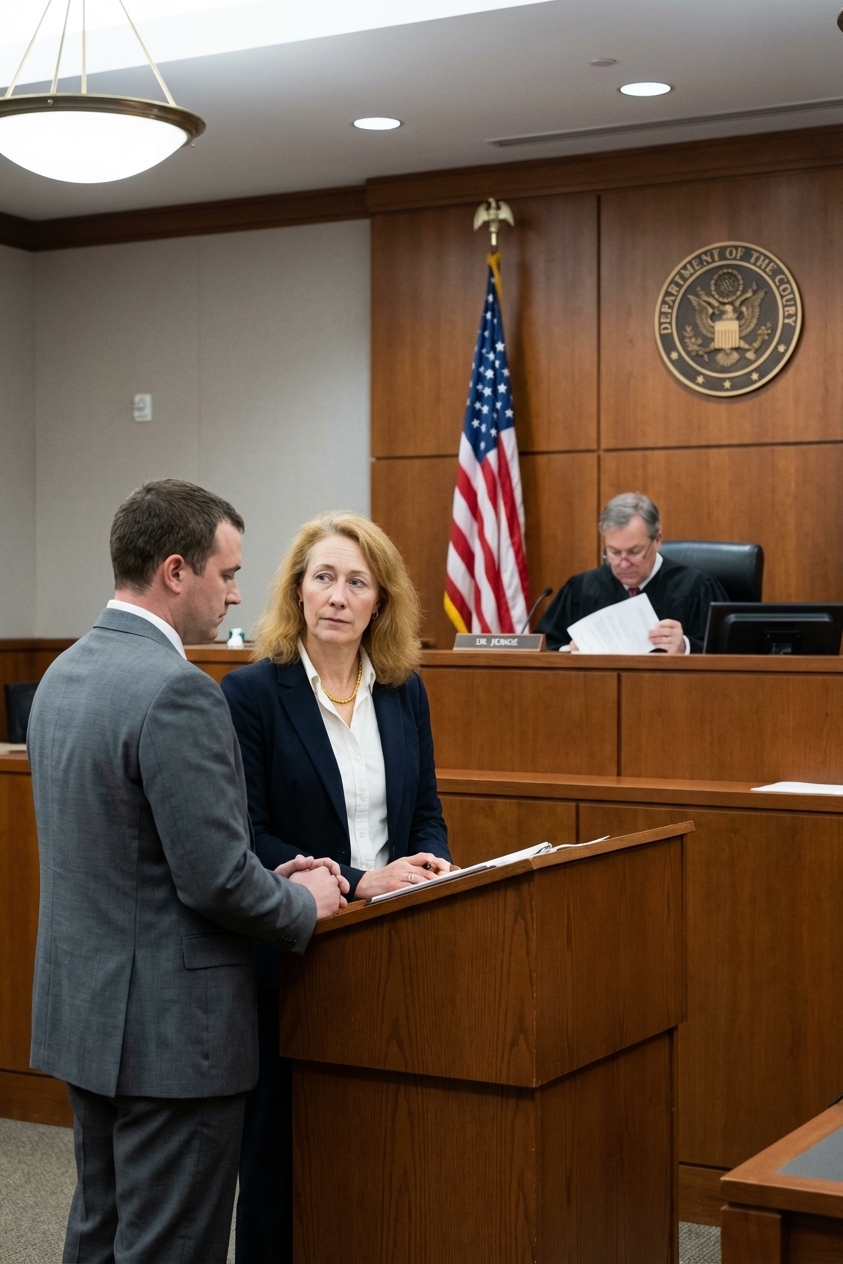 A defendant standing beside a defense attorney at a lectern inside a federal courtroom while a judge looks down from the bench during a plea hearing, realistic news photography