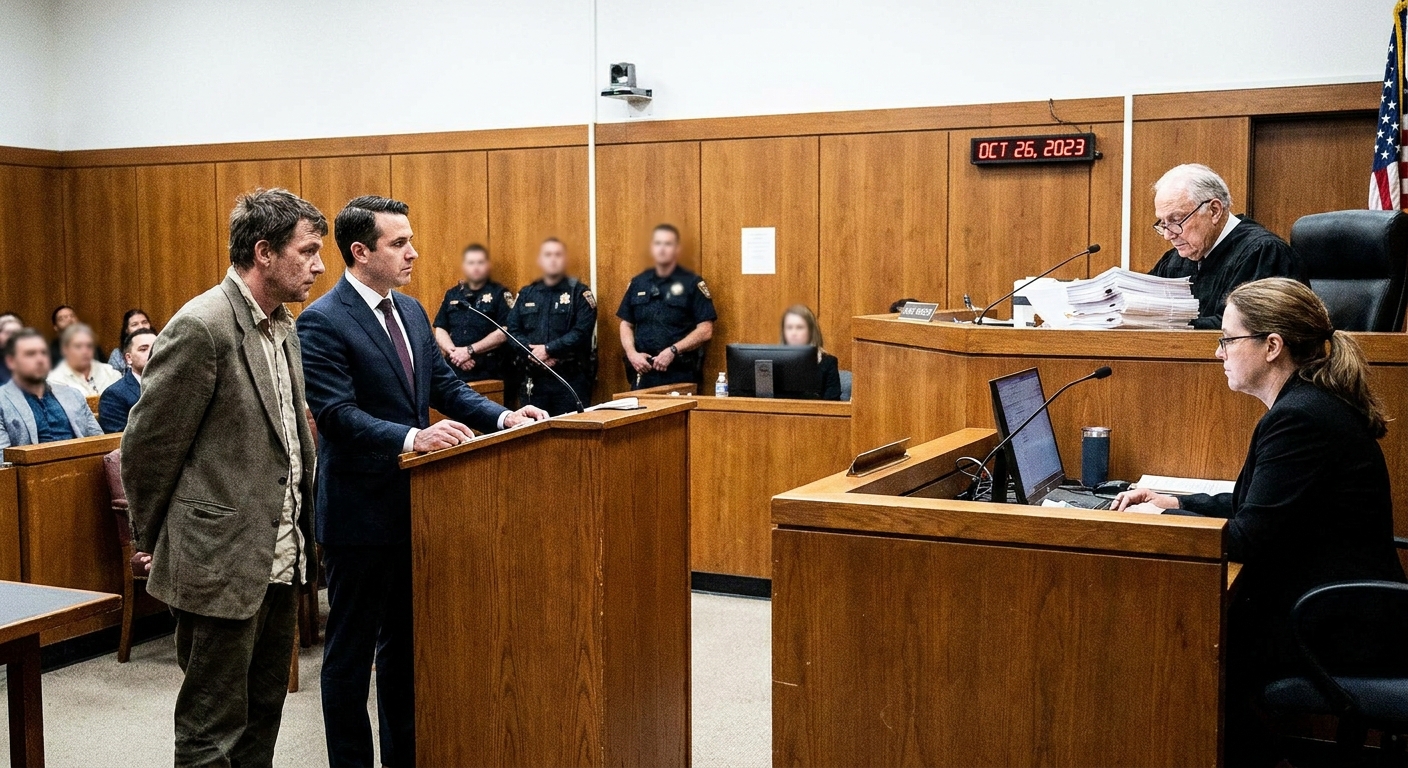 A defendant standing beside a defense attorney at a courtroom podium while a judge looks down from the bench during an arraignment hearing, news photography style