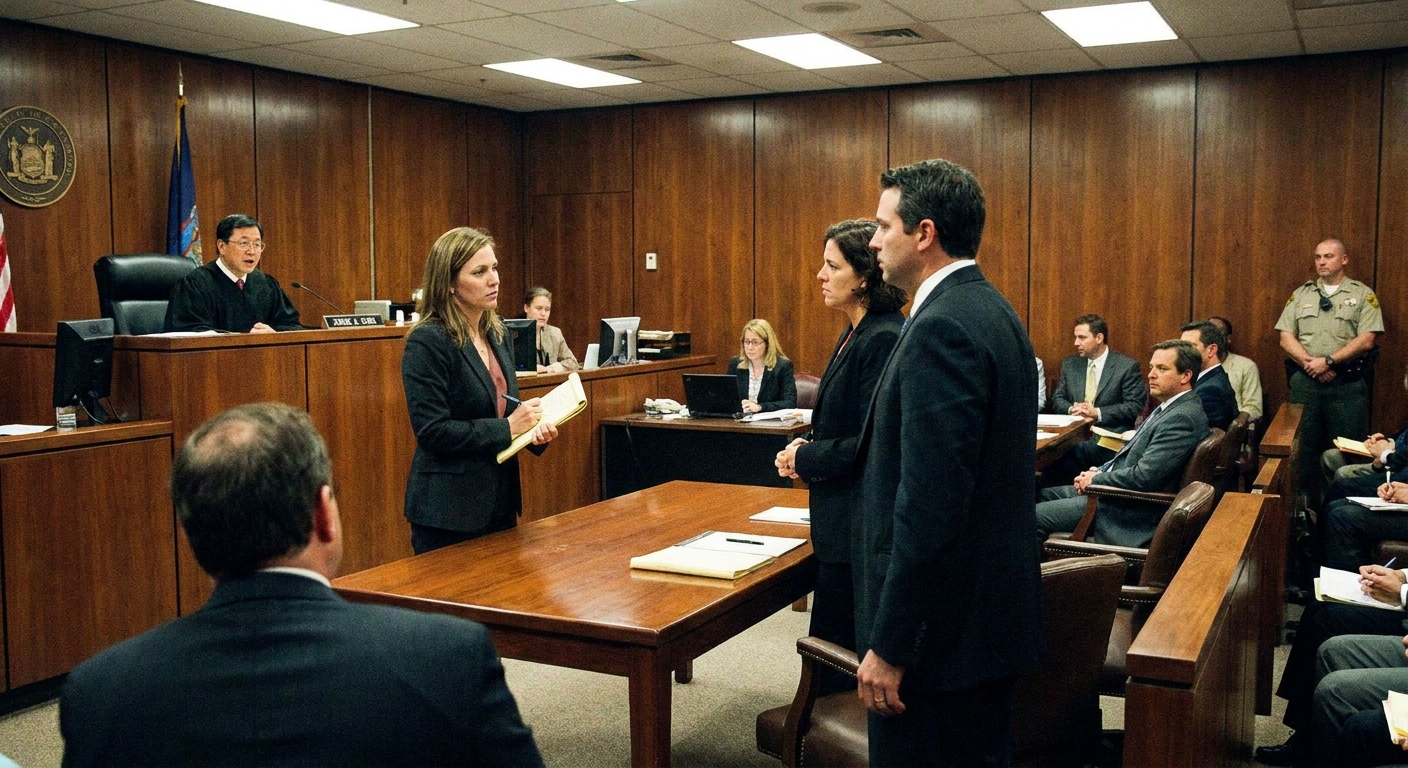A defendant standing beside a defense attorney at the front of a busy courtroom while a judge speaks from the bench, realistic courtroom news photography style