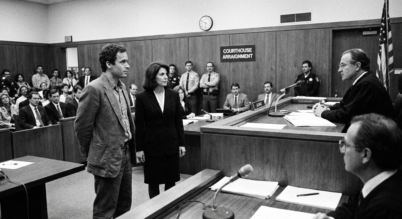 A defendant standing next to a defense attorney in a courthouse courtroom during an arraignment, both facing the judge, documentary news photo style