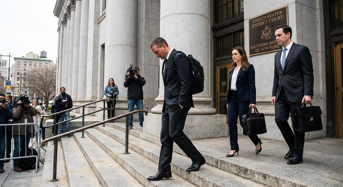 A defendant walking up courthouse steps with attorneys nearby outside a United States District Court building