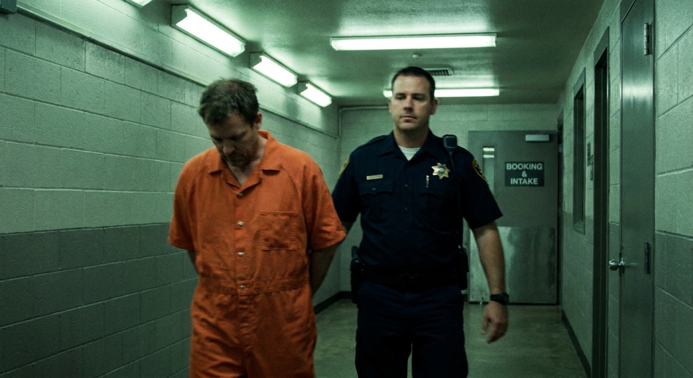 A defendant walking with a corrections officer through a county jail intake hallway under fluorescent lights, documentary news photo style