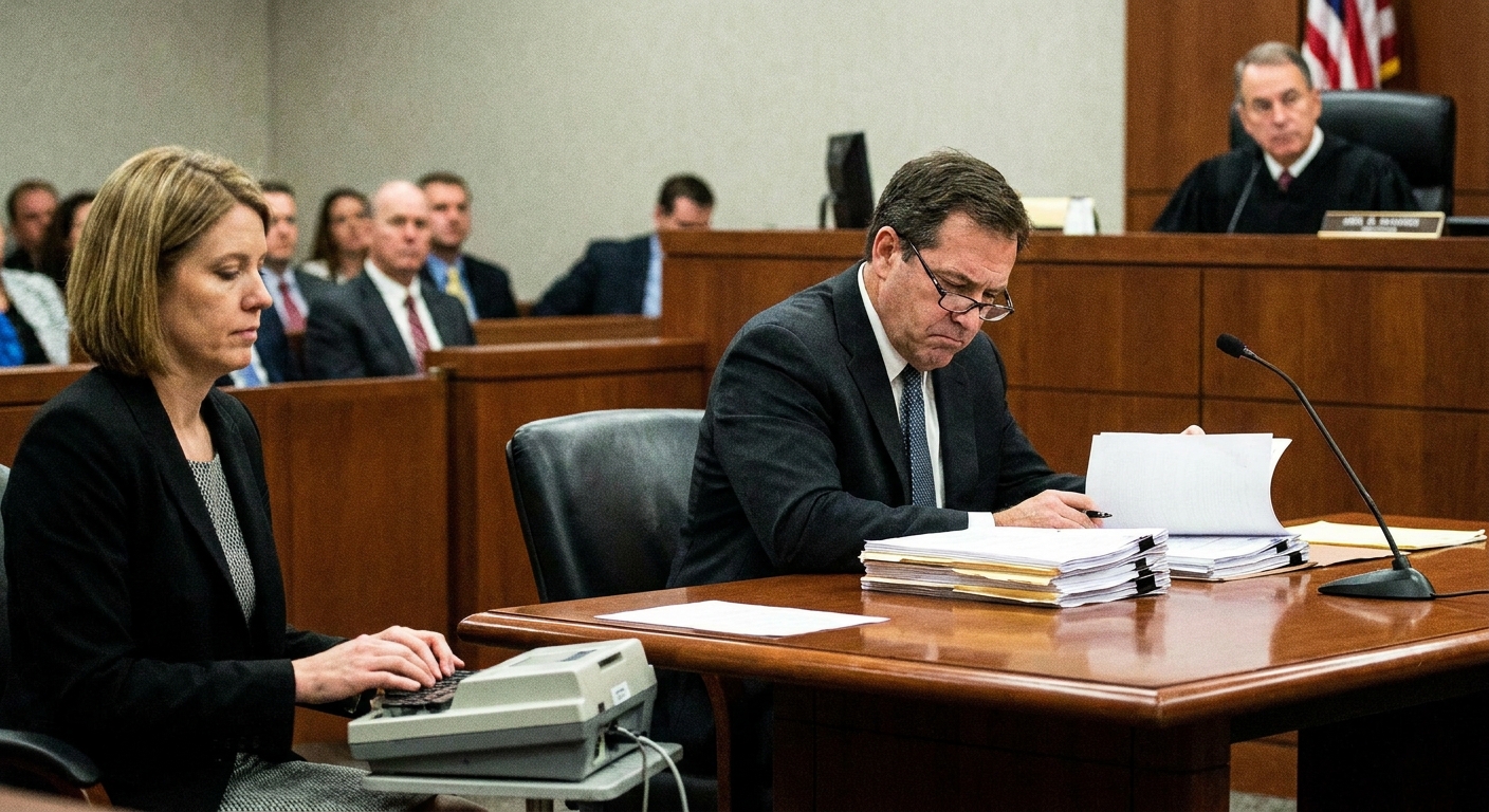 A defense attorney seated at counsel table in a federal courtroom carefully reviewing newly received documents while the court waits, news photography style